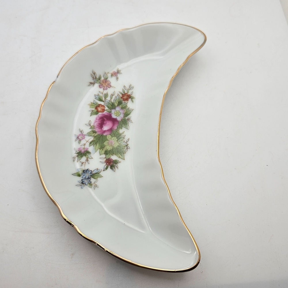 Vintage Japan Crescent Relish Nut Dish Gold Trim Floral Porcelain Trinket Dish